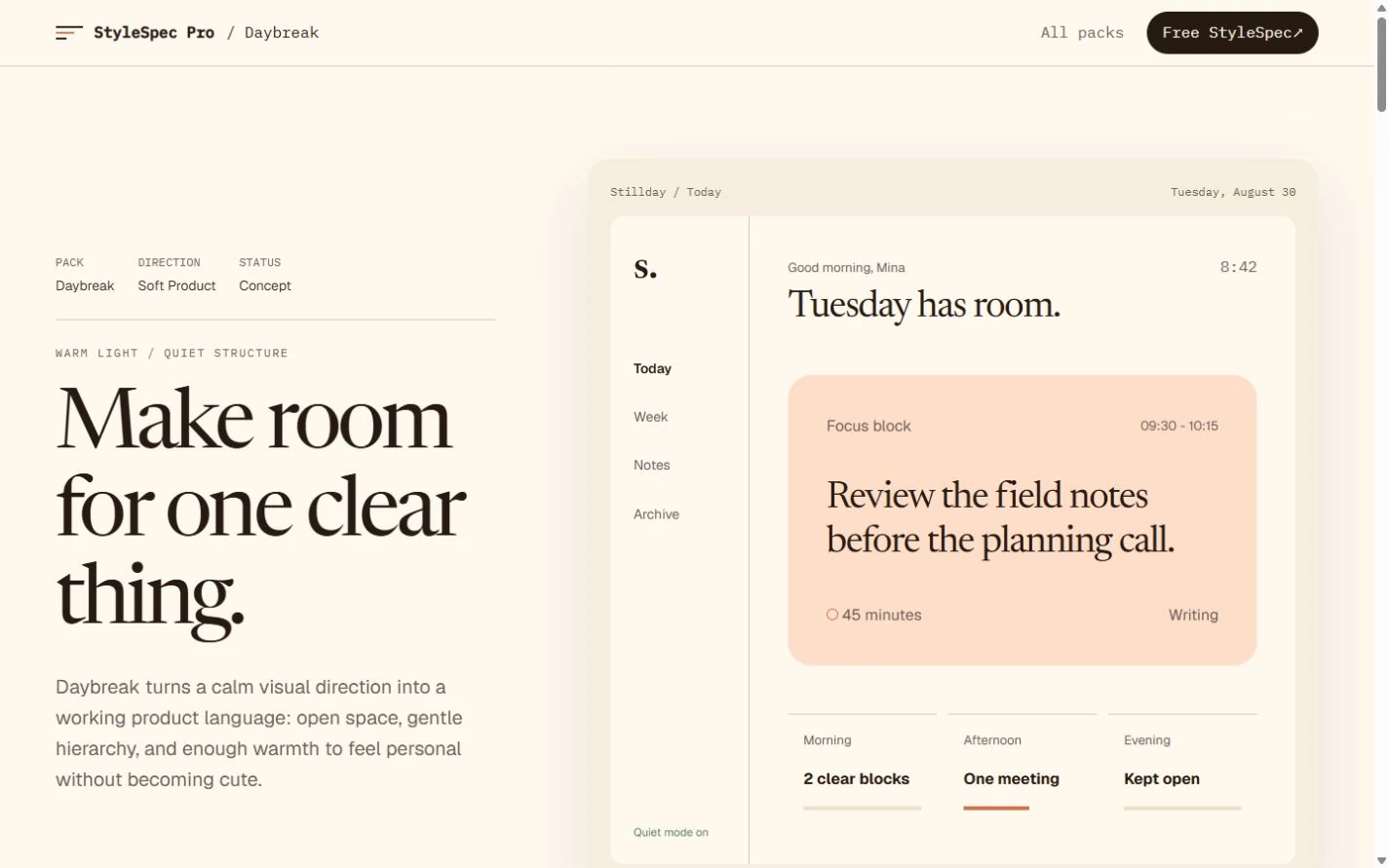 Daybreak showcase with a warm, calm daily planning interface